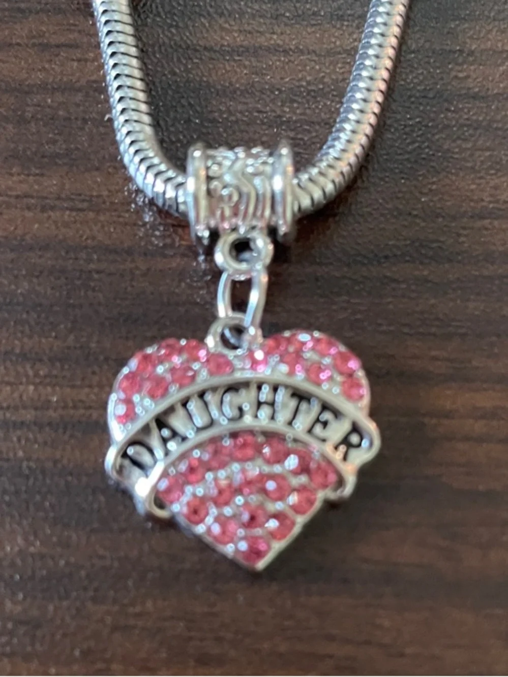 Daughter’s Love Stainless Steel Pink Rhinestones Charm Bracelet